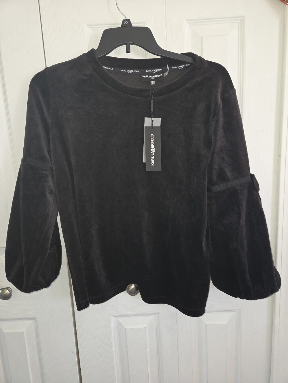 NWT Womens Karl Lagerfeld Black Velvet Balloon-Sleeve With Bow Crewneck Top  LG